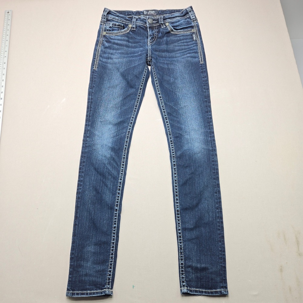 Silver Jeans Aiko Mid Skinny Dark Wash Contrast Stitch Denim Blue Womens 28x33